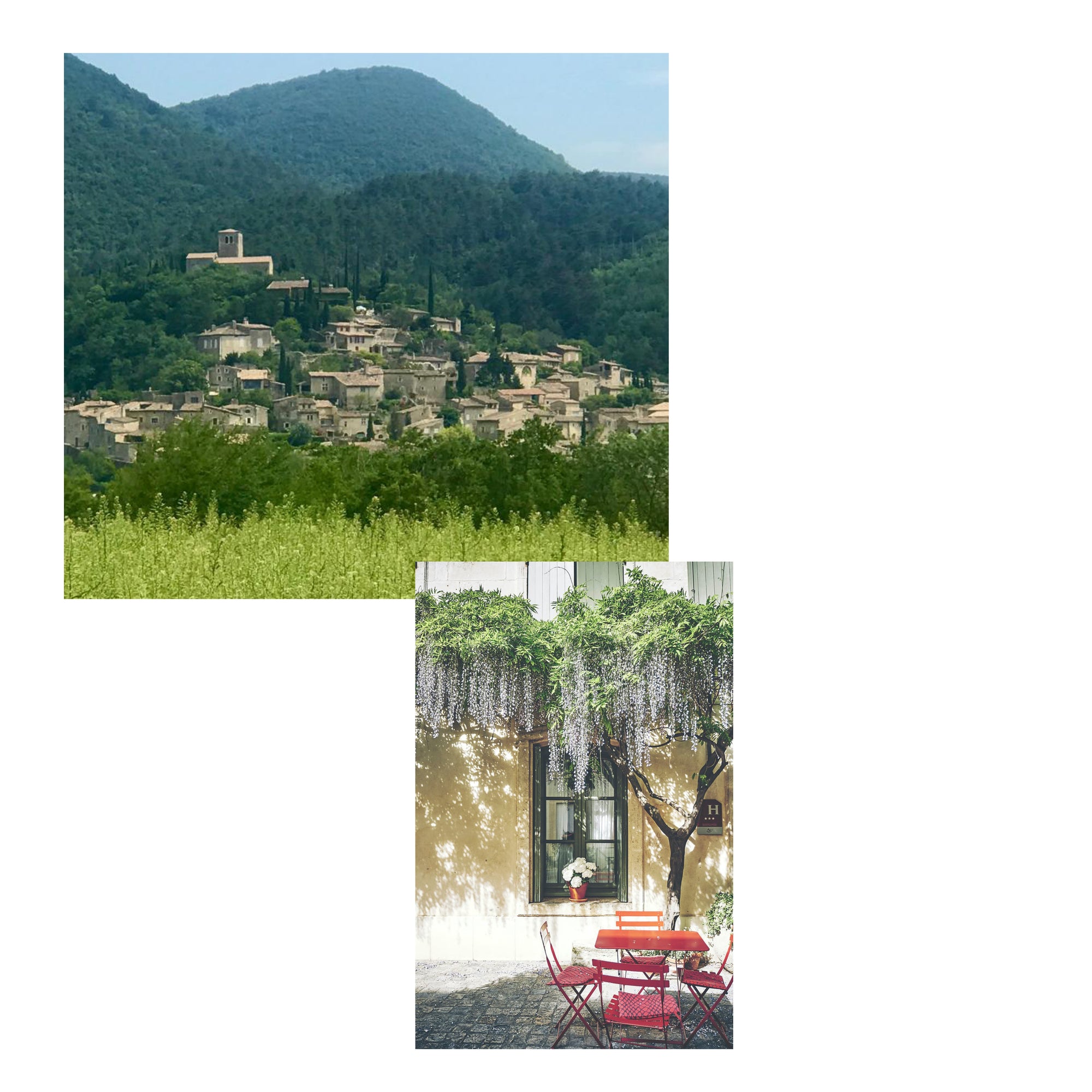 A collage of a house and a mountain