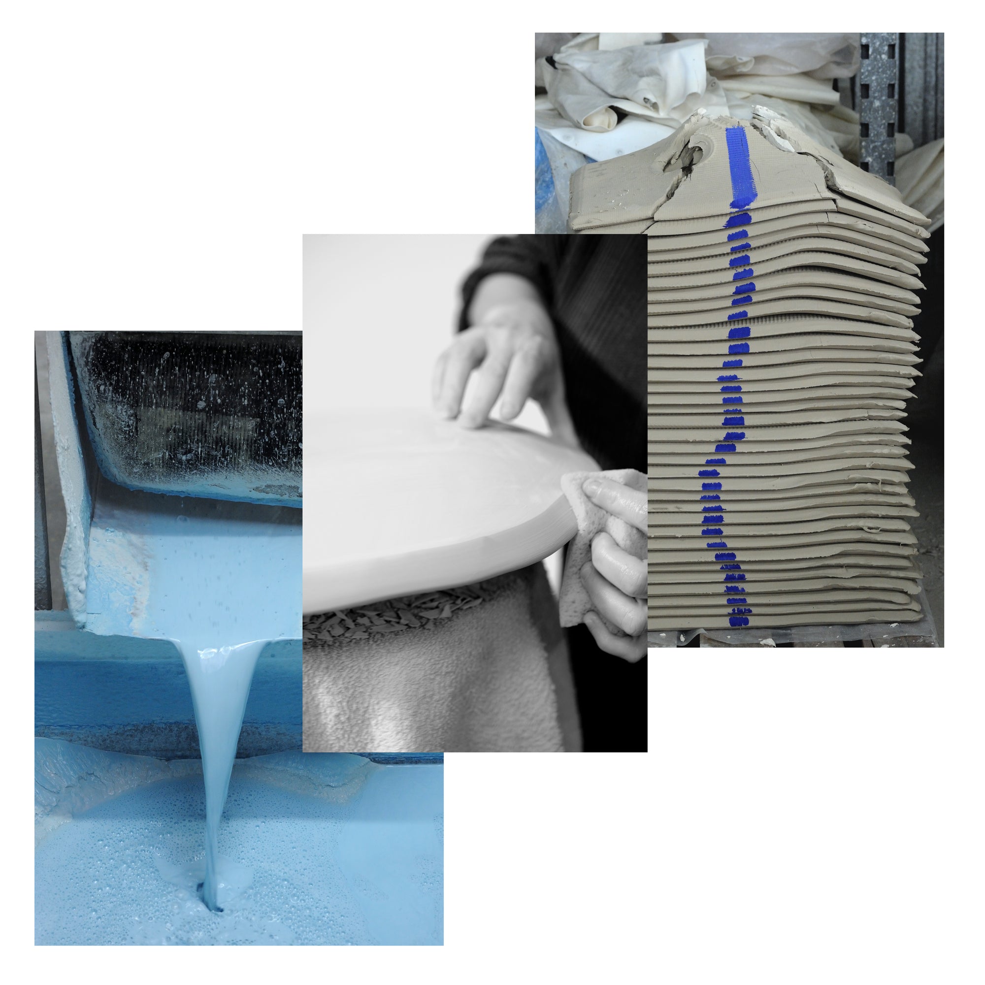 A collage of several images of a person pouring liquid