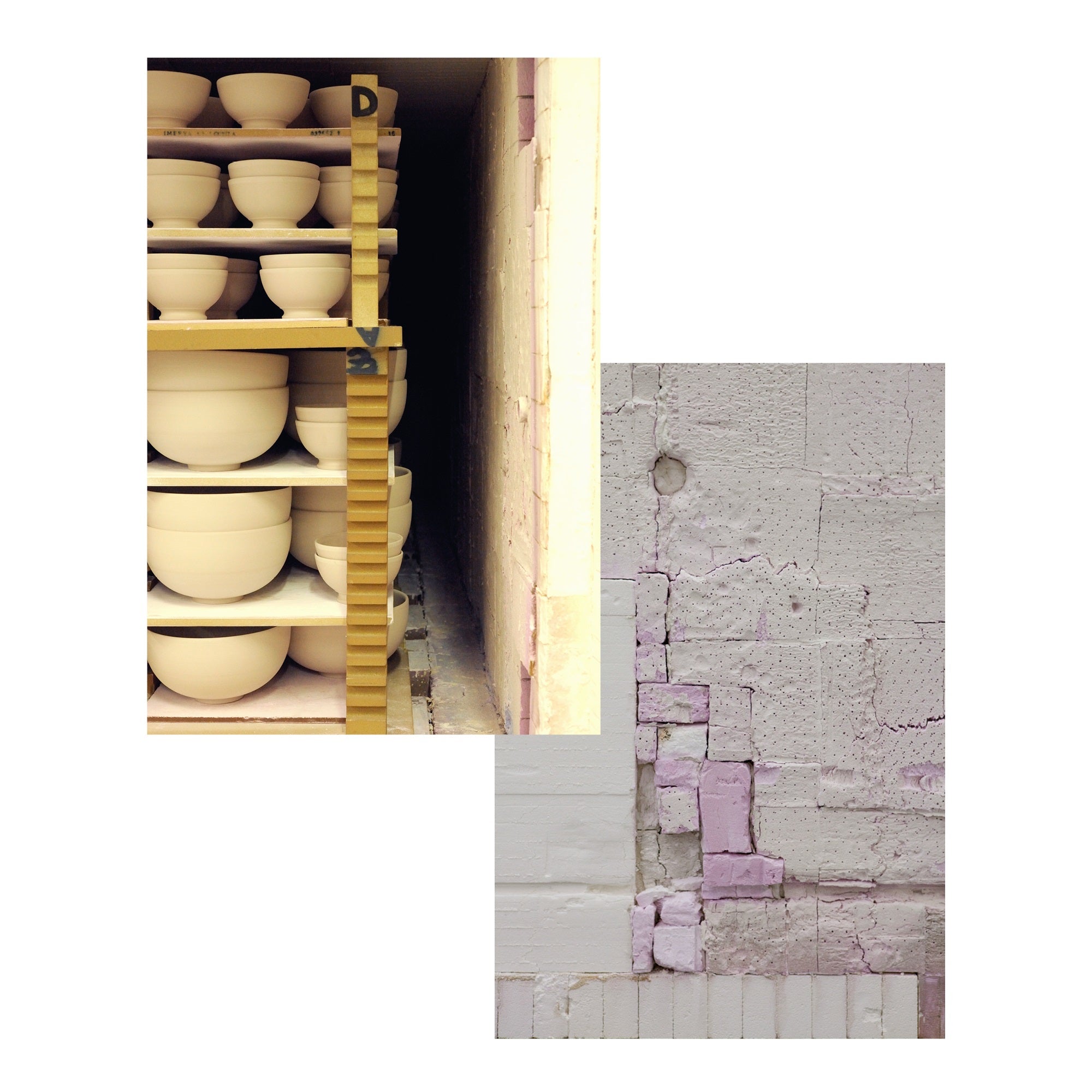 A shelf with white bowls