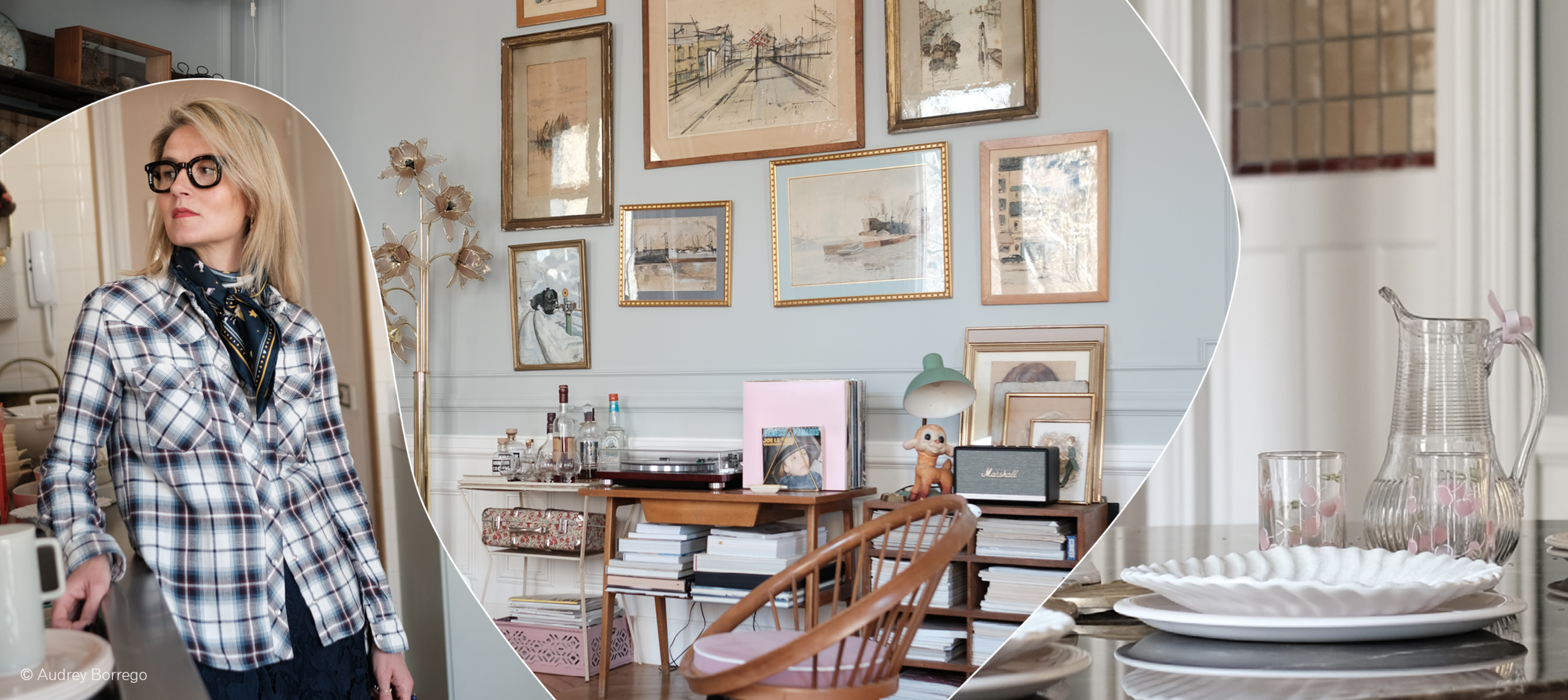A split image with a woman on the left, in center table and chair and a close-up of a dining setup on the right.